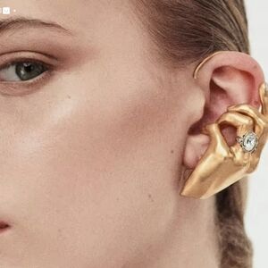 Schiaparelli Inspired Gold Sculptural Hand Ear Cuff with Crystal Accent